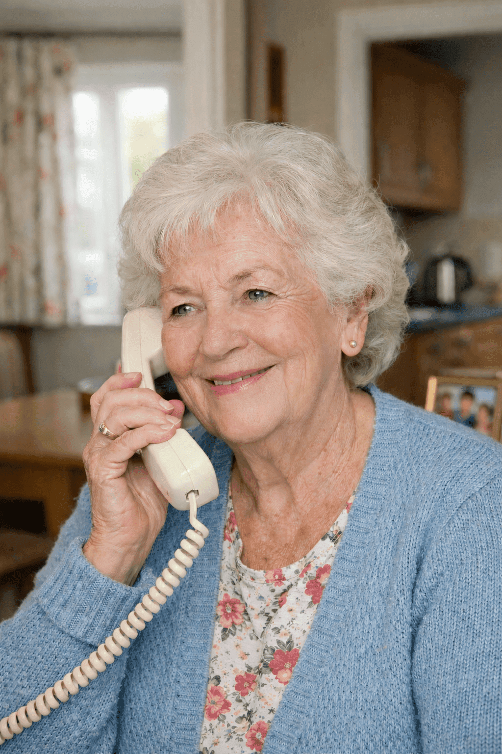 Woman on phone receiving caring support, representing the personal connection Vera provides through medication monitoring calls